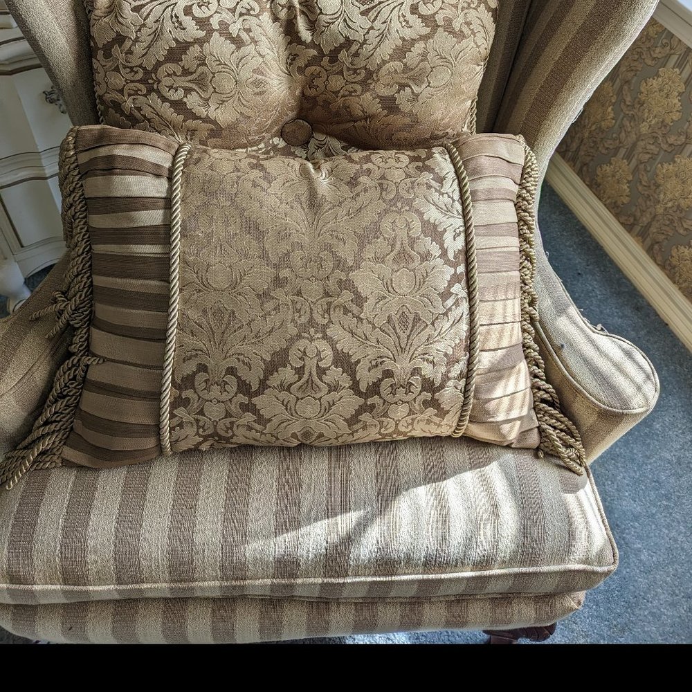 Golden Stripe and Design Heavy Rope Trim Reversible Set of 2 PIllows
